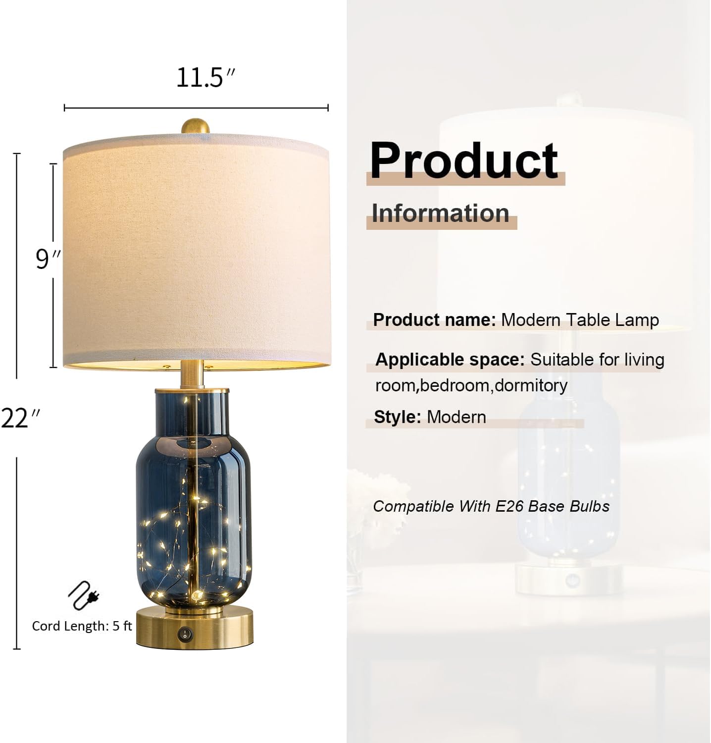 USB Modern Blue Bedside Lamp — 22" - View 3