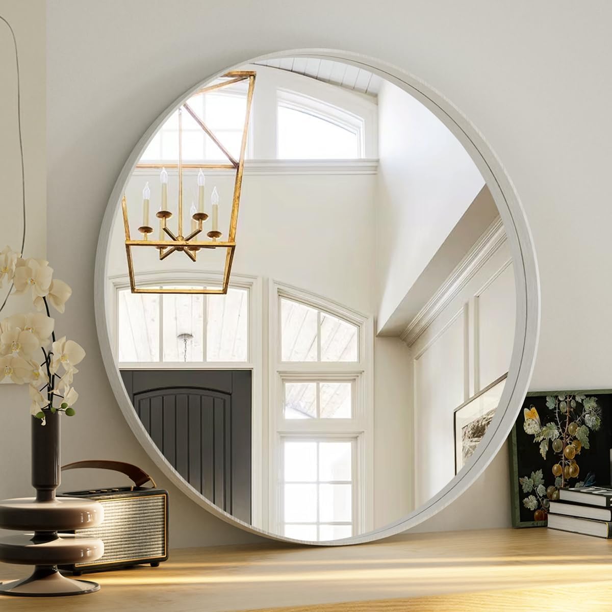 Round Modern Black Mirror — 24" — Silver