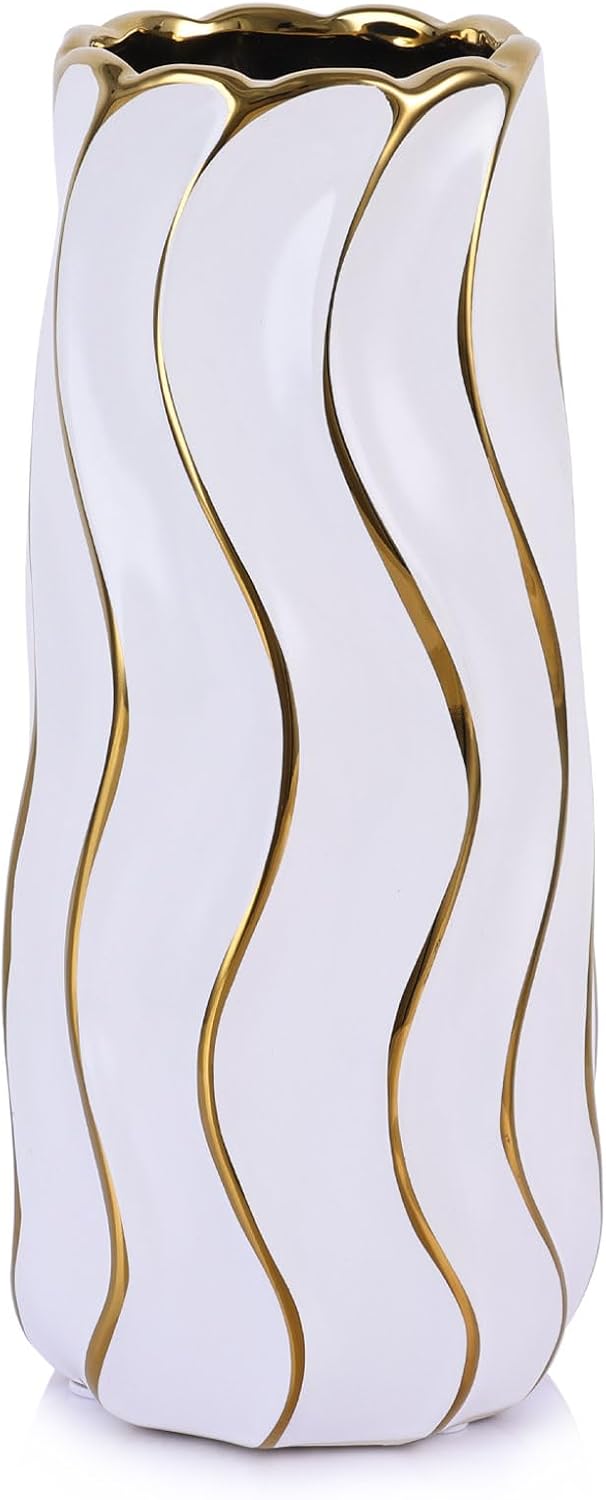 Boho Black Flower Vase — 9.5" — White and Gold