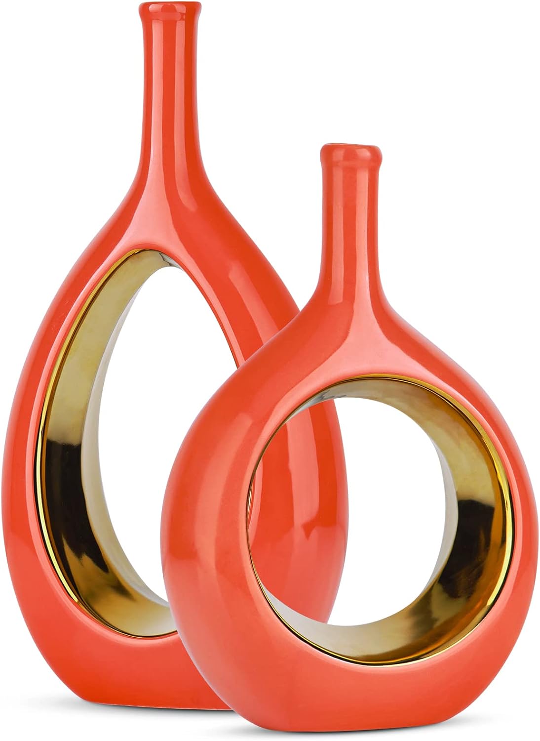 Boho Beige Decorative Vase — Set of 2 — Orange and Gold