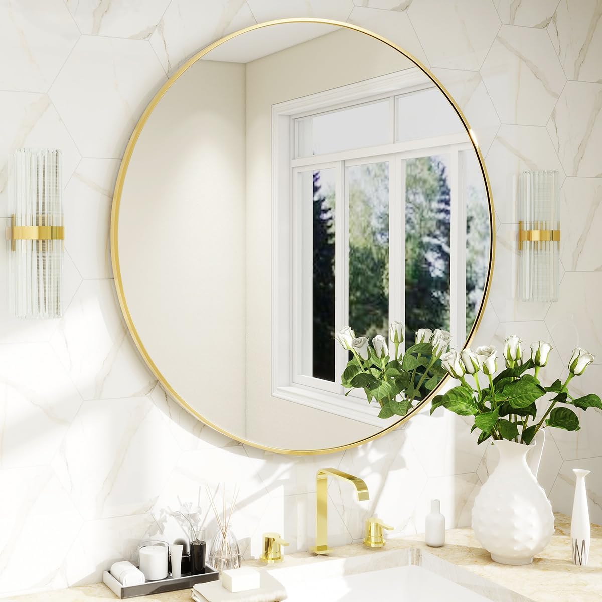 Luxe Black Round Mirror — 24" — Gold