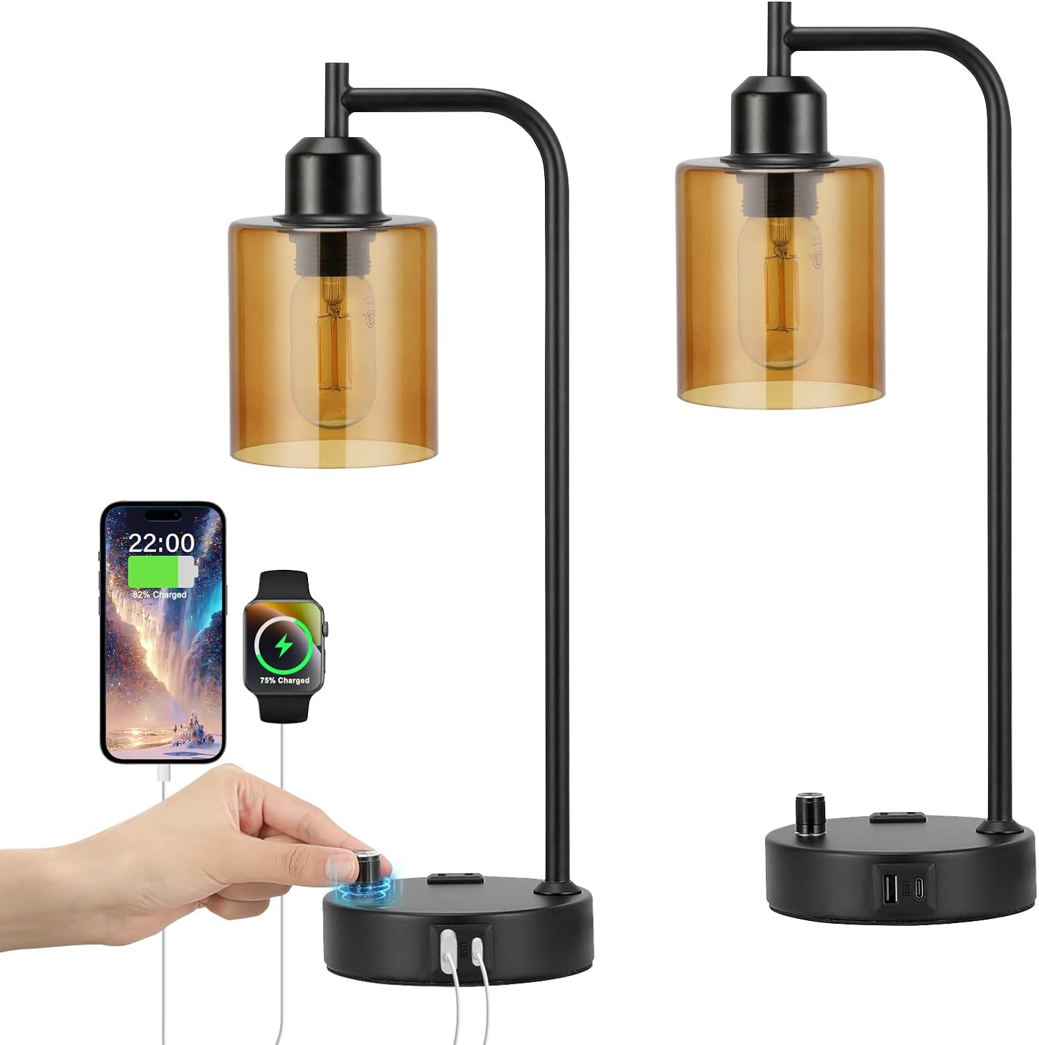 Dimmable Brown Bedside Lamp — Set of 2 — Amber
