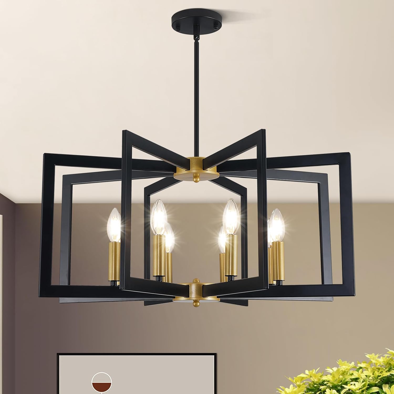 Farmhouse Black Chandelier — 6-Light — Black and Gold-27.6"(No assembly required)