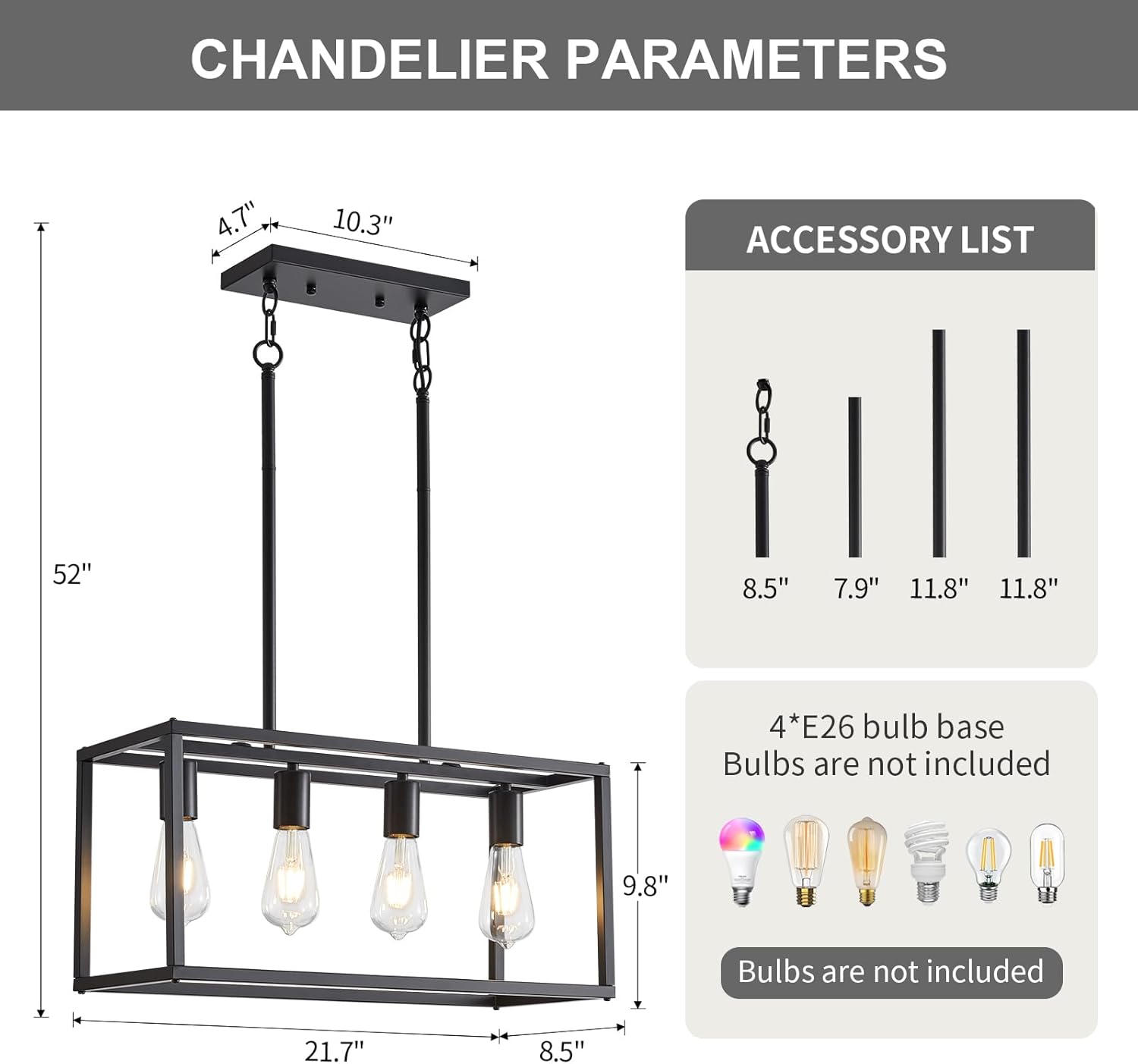 Adjustable Farmhouse Black Chandelier — 4-Light - View 6