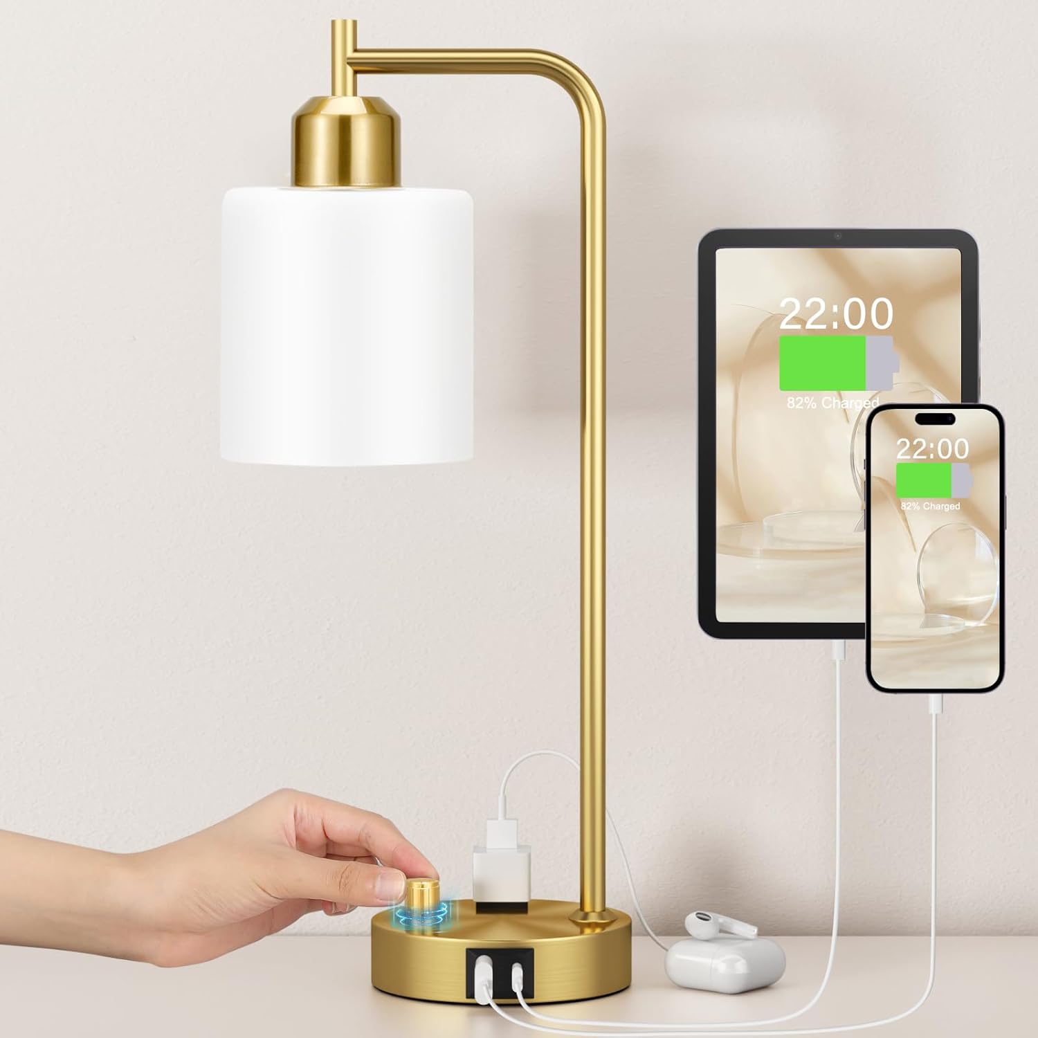 Dimmable Brown Nightstand Lamp — Gold Base&Opal Shade