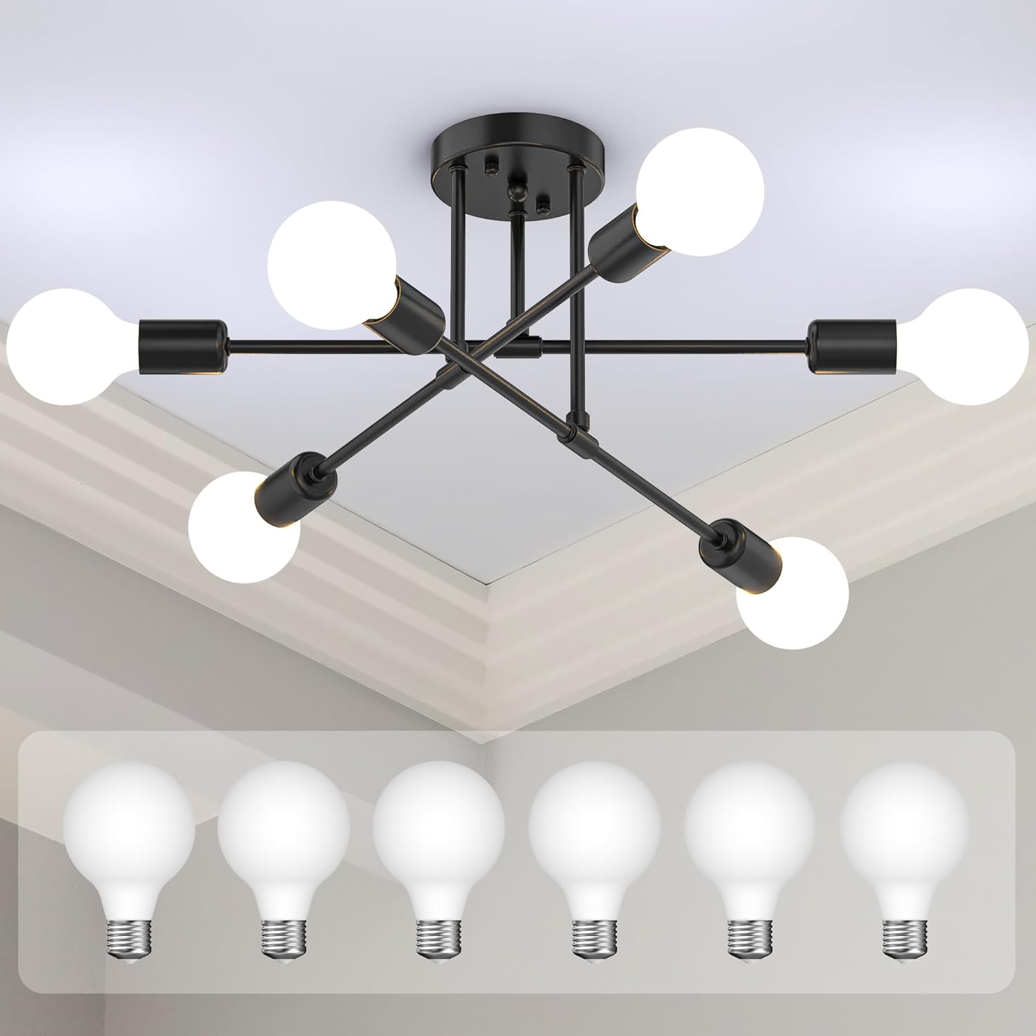 Mid-Century Black Chandelier — 6-Light — Matte Black(6 Globe Bulbs)