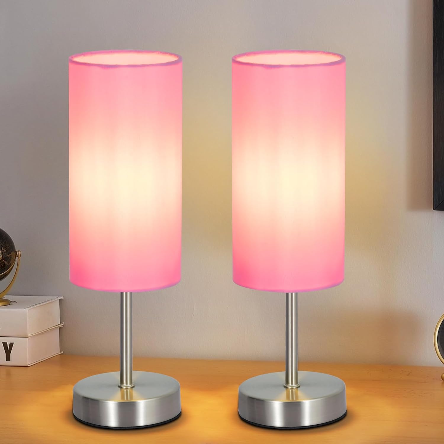 Linen Modern Beige Desk Lamp — 2 Pack Pink-Silver