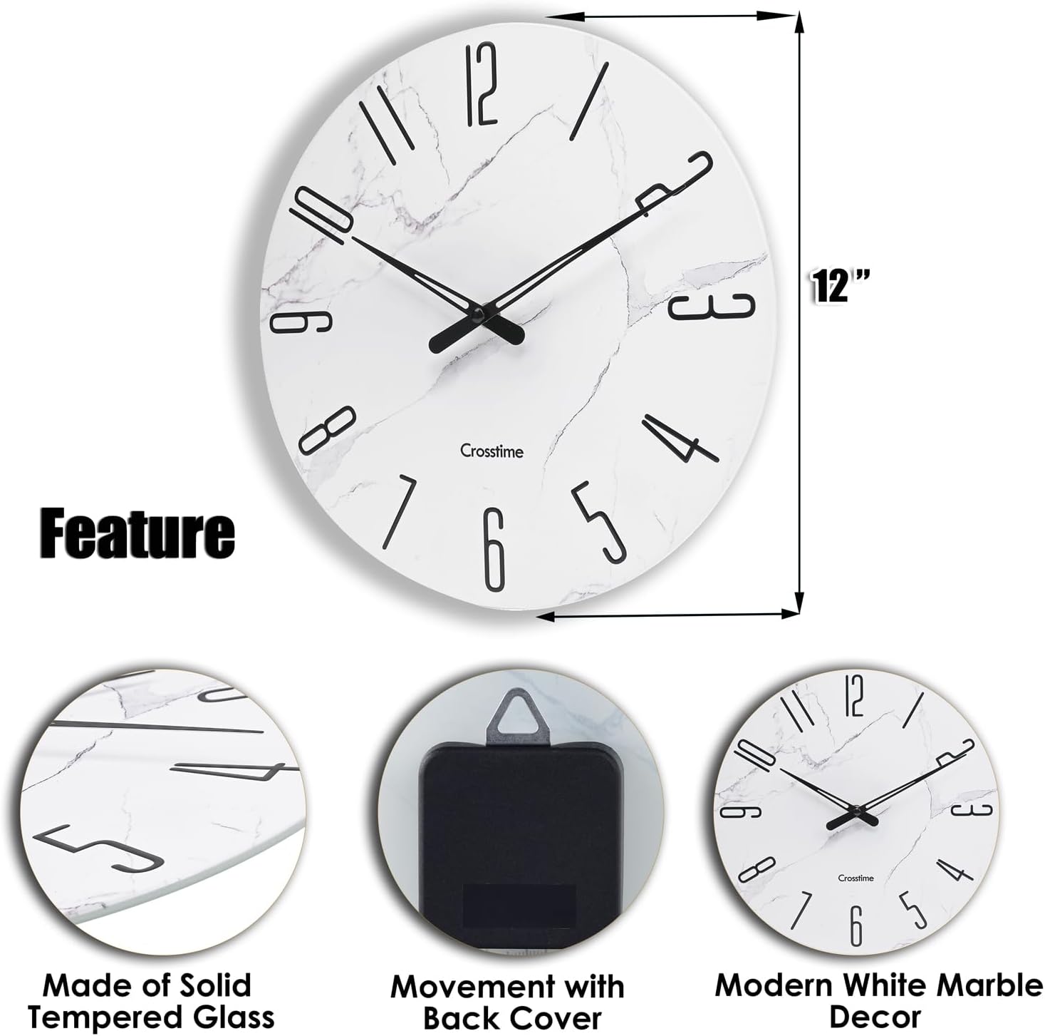 Battery Operated Luxe White Wall Clock — 12" - View 3