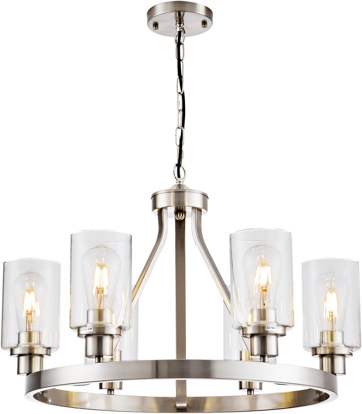 Farmhouse Black Chandelier — 8-Light — Brushed Nickel glass shade