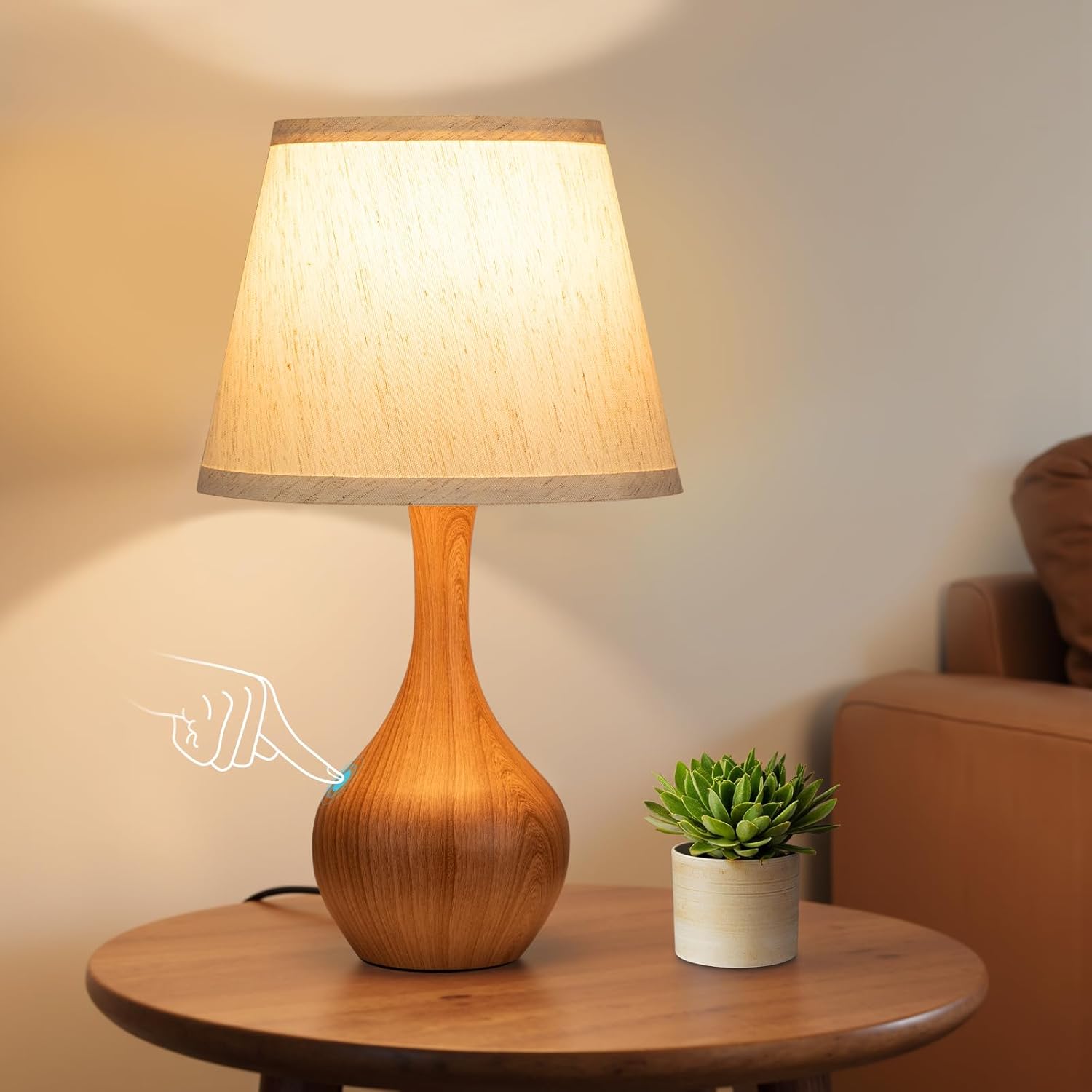 Dimmable Beige Bedside Lamp — 16.1" — E. Oatmeal Shade & Wood Base