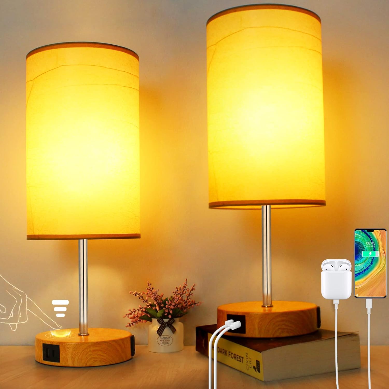 Dimmable Black Bedside Lamp — 15.75" — Set of 2