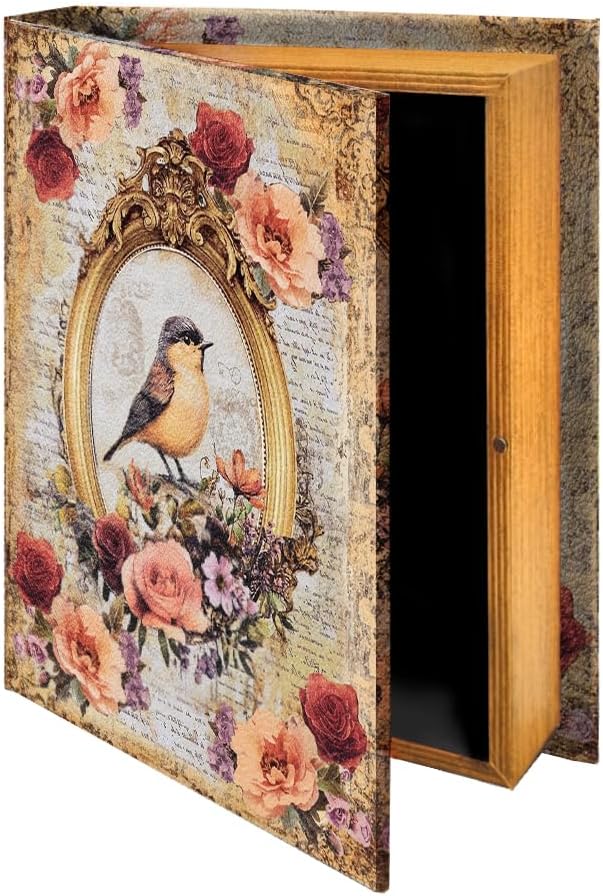 Vintage Wood Storage Basket — Floral and Bird