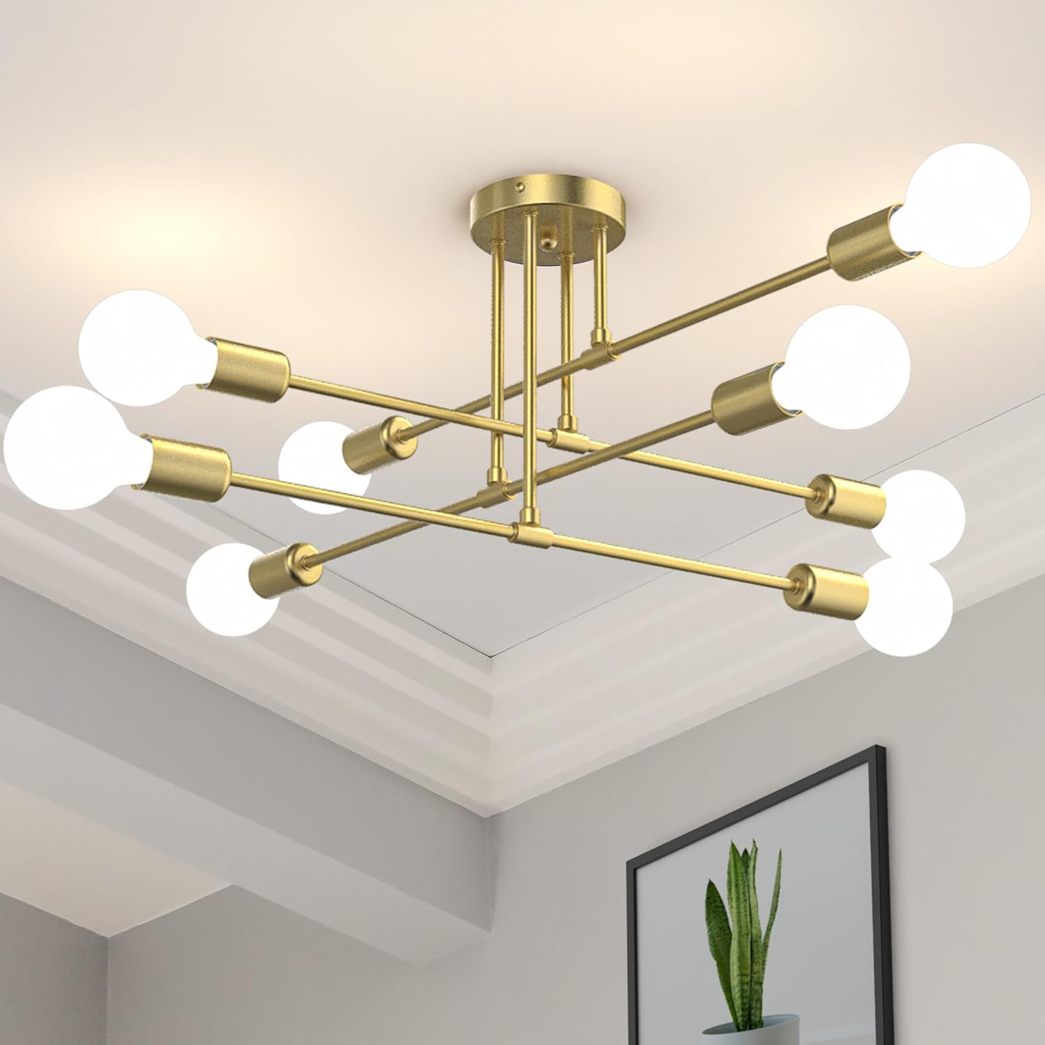 Mid-Century Black Chandelier — 6-Light — Brushed Gold