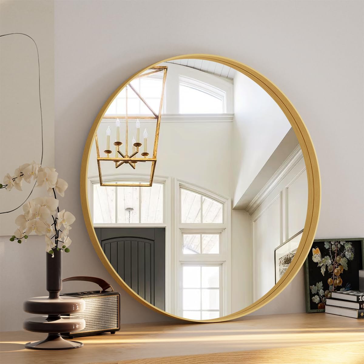 Round Modern Black Mirror — 24" — Gold