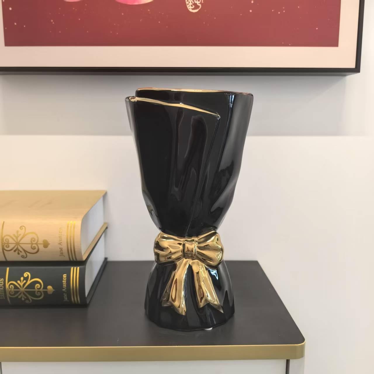 Boho Beige Flower Vase — 3" — Black and Gold