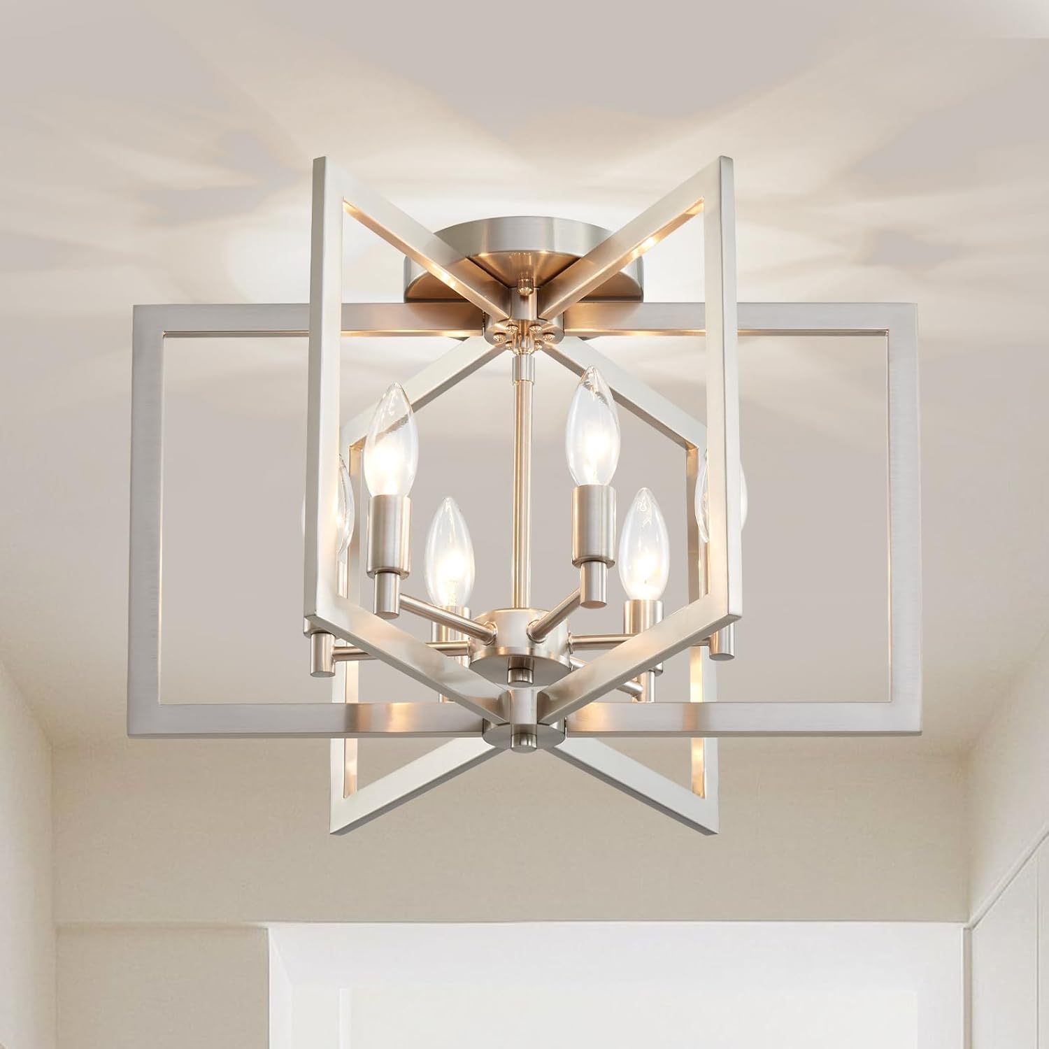 Modern Black Chandelier — 6-Light — Ceiling-Brushed Nickel