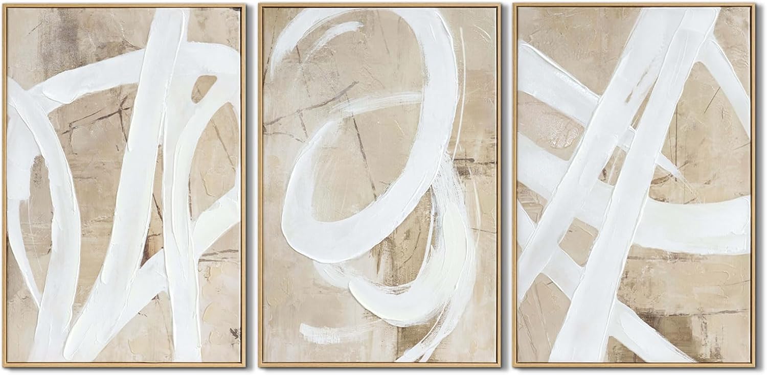 Framed Modern Beige Canvas Wall Art — 24" — 16" x 24" x 3 Panels Framed