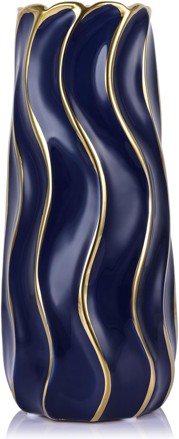 Boho Black Flower Vase — 9.5" — Blue and Gold