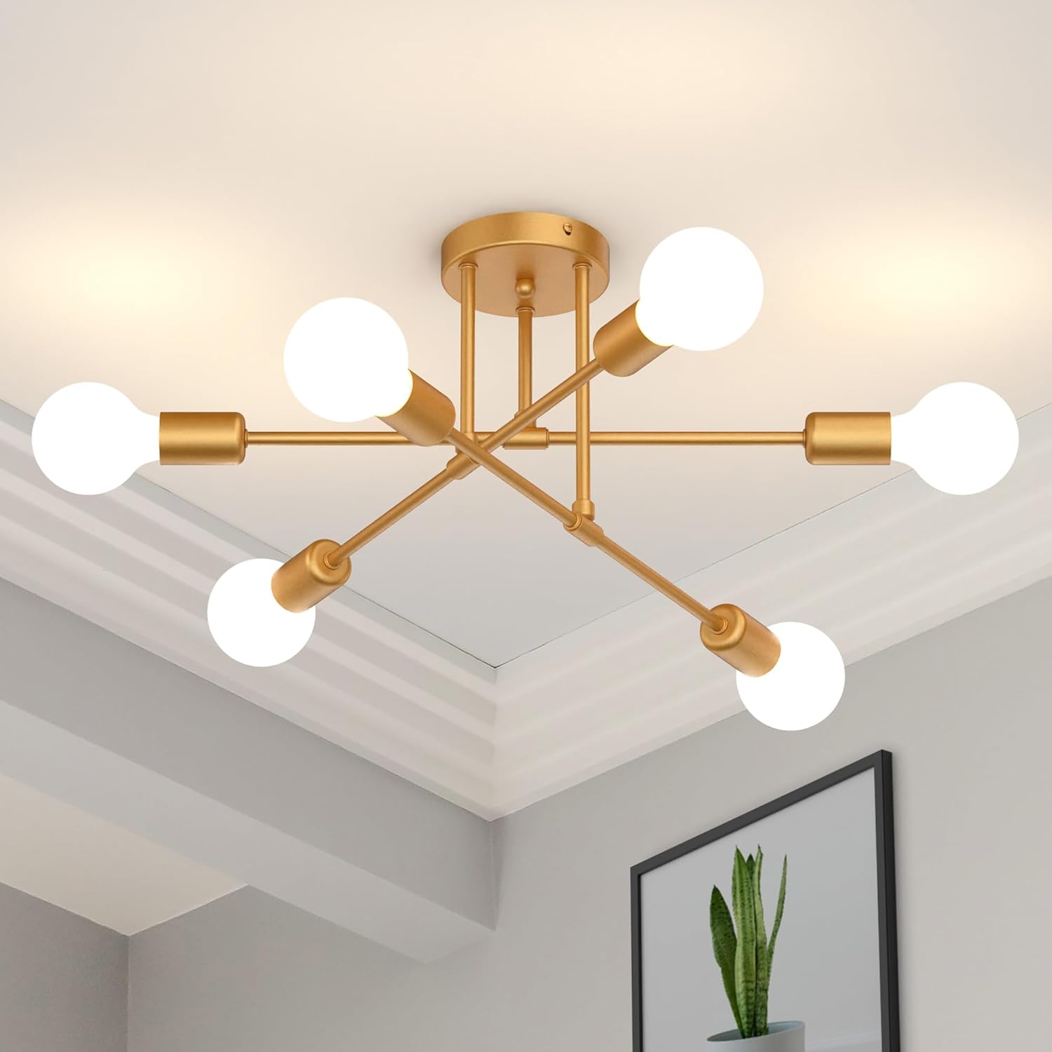 Mid-Century Black Chandelier — 6-Light — Warm Brushed Gold