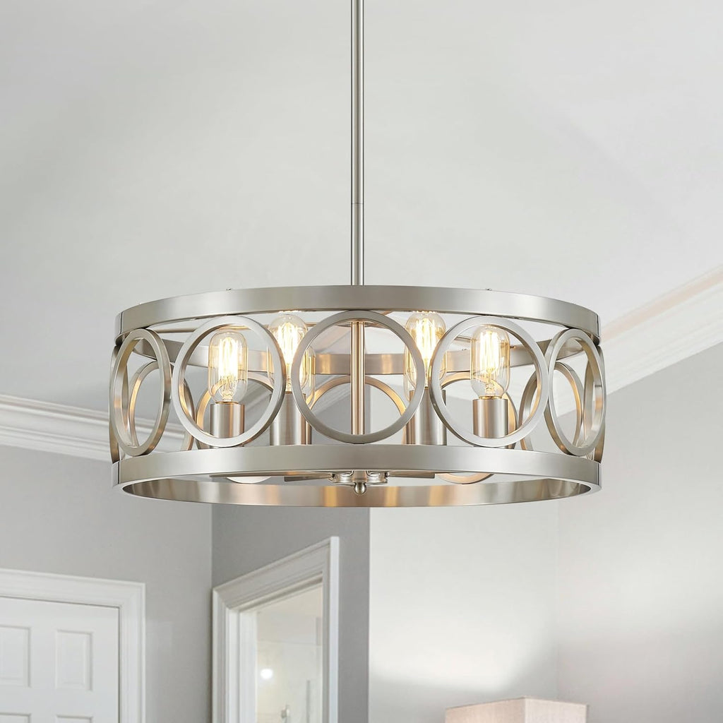 Round Farmhouse Black Chandelier — 5-Light — Nickel Drum Chandelier-6 Light