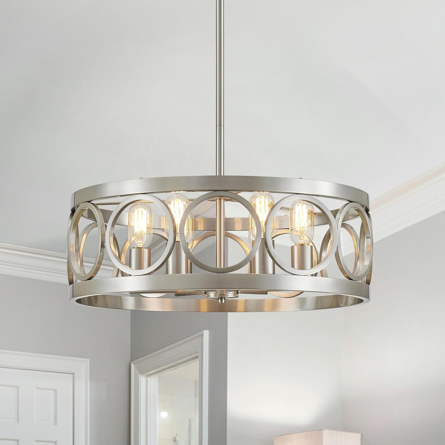 Round Farmhouse Black Chandelier — 5-Light — Nickel Drum Chandelier-6 Light