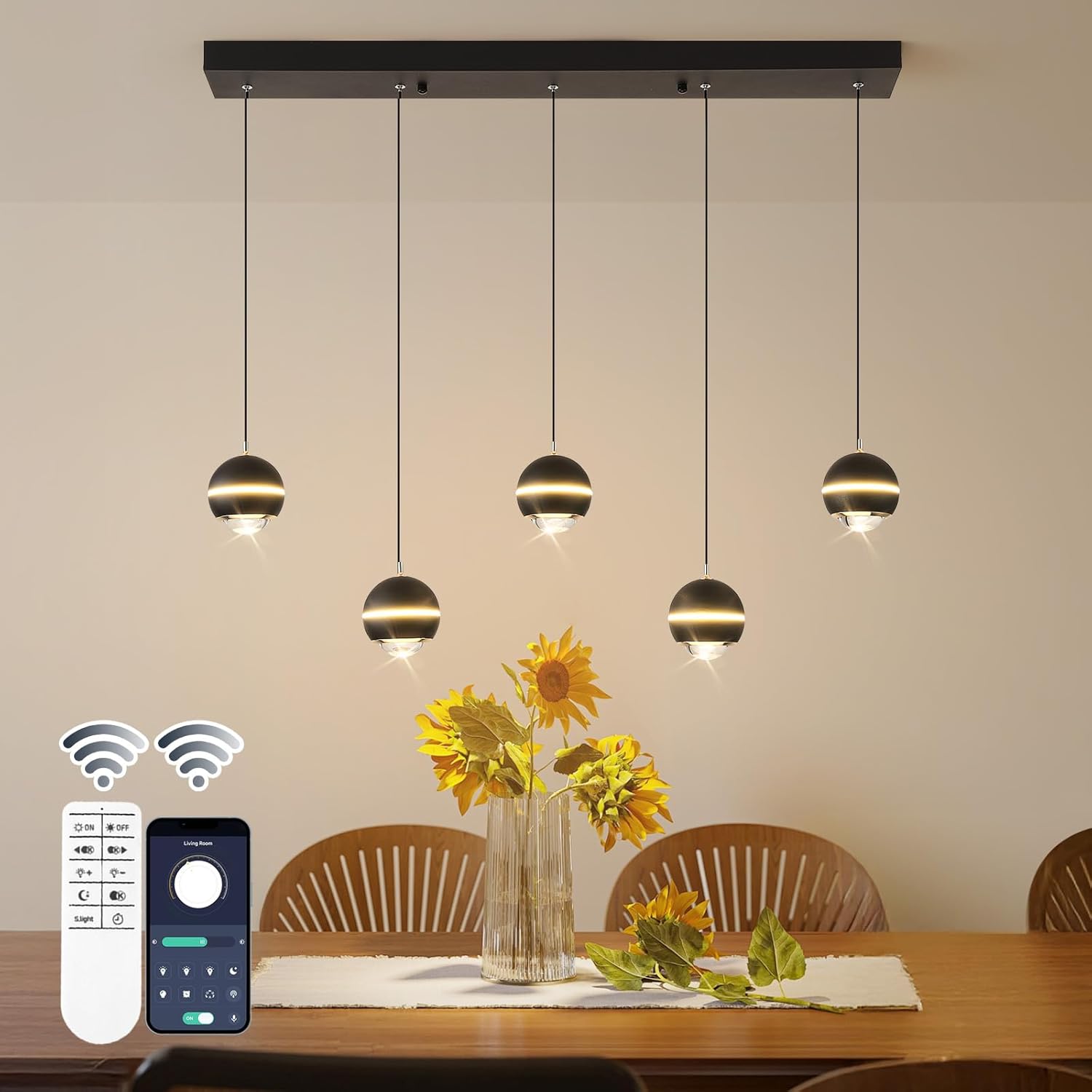 Dimmable Luxe Black Chandelier — 5 Designed Crystal Ball, Black