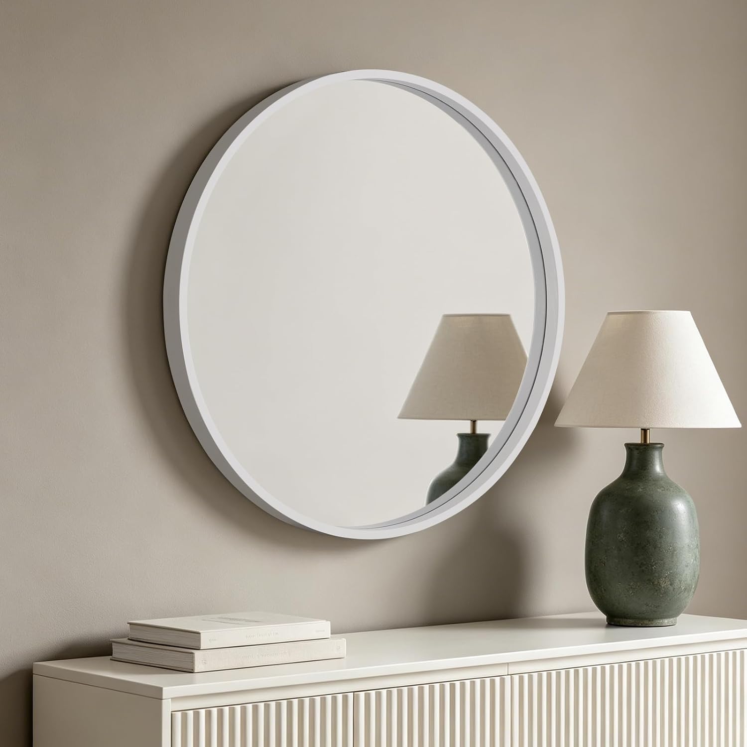 Framed Farmhouse Beige Wall Mirror — 24" — White