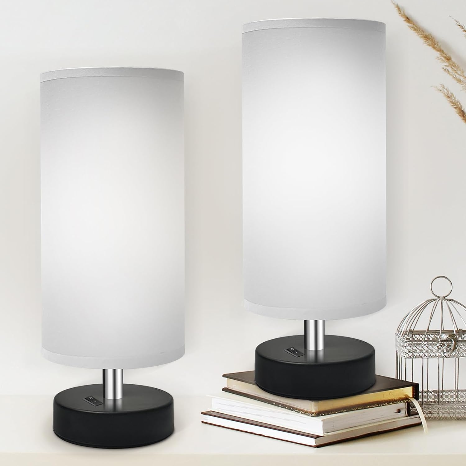 Round Modern Grey Bedside Lamp — 8" — 2 Pack