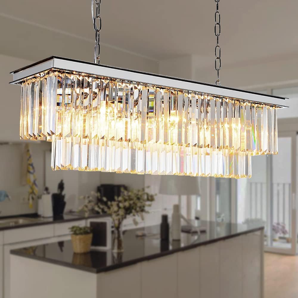 Rectangular Luxe Black Chandelier — 12-Light — Chrome