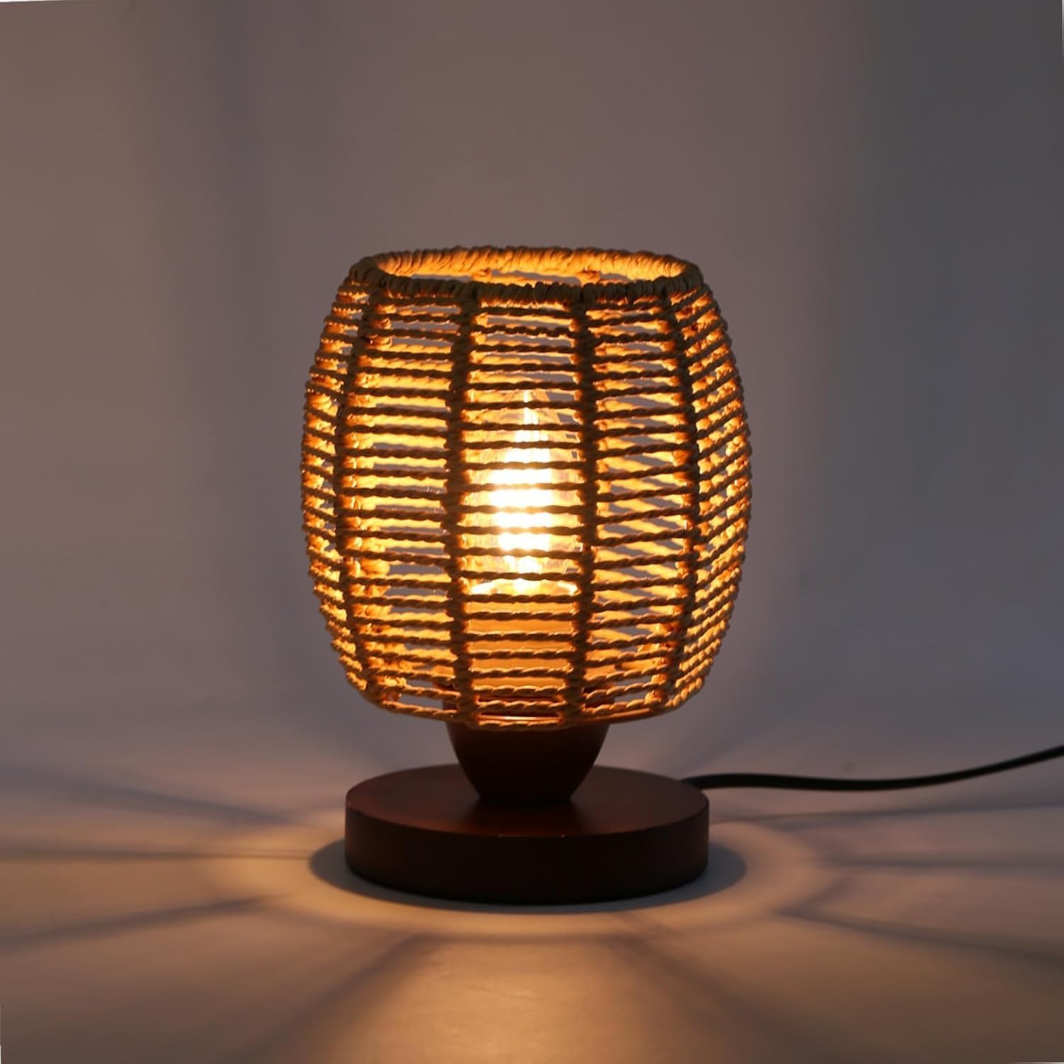 Handwoven Boho Wood Bedside Lamp — 8.6" — Plug-in
