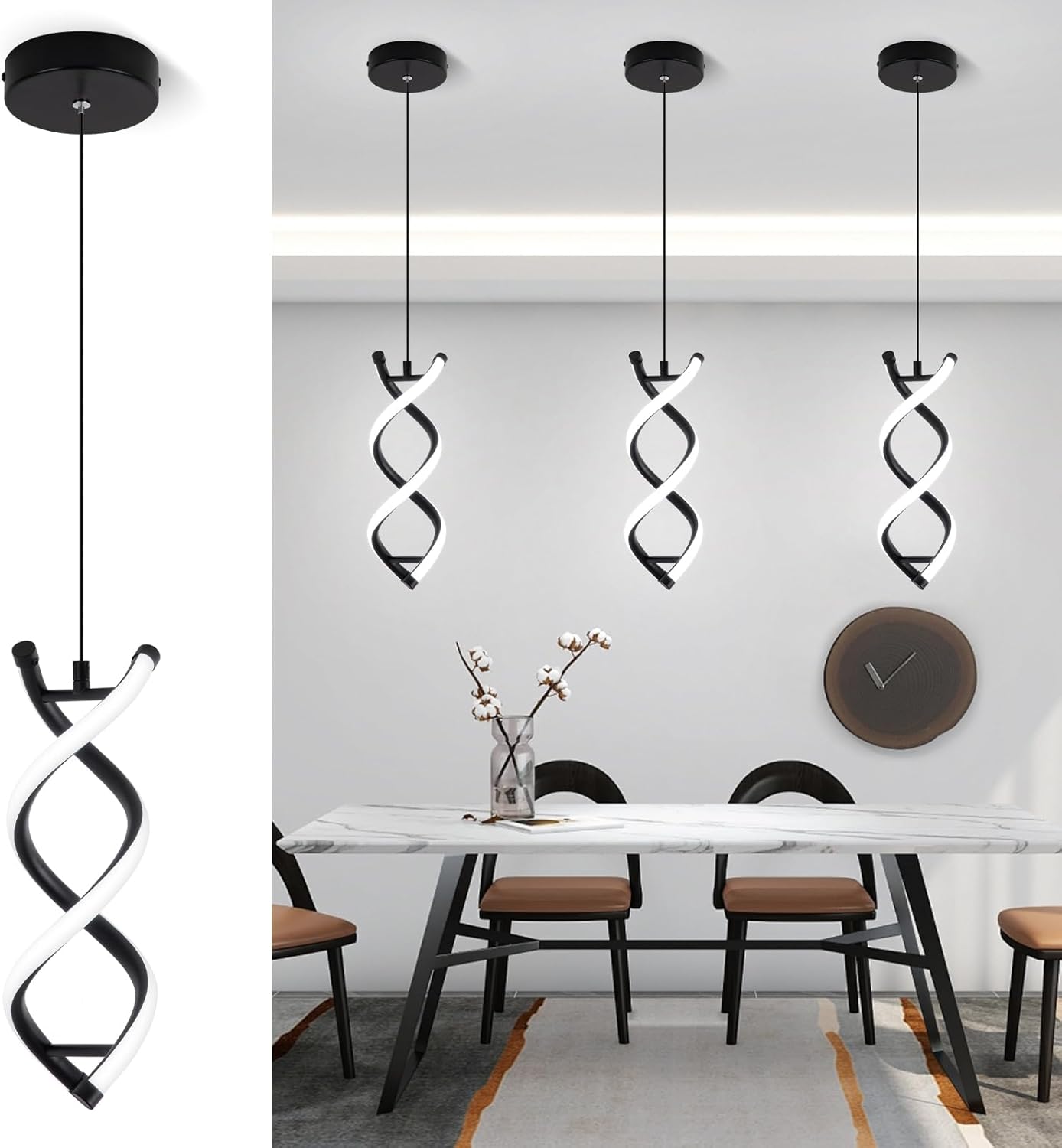 Dimmable Modern Black Pendant Light — Black, 6000K, 1 Pack