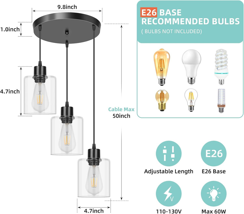 Modern Black Pendant Light — 3-Light - View 5