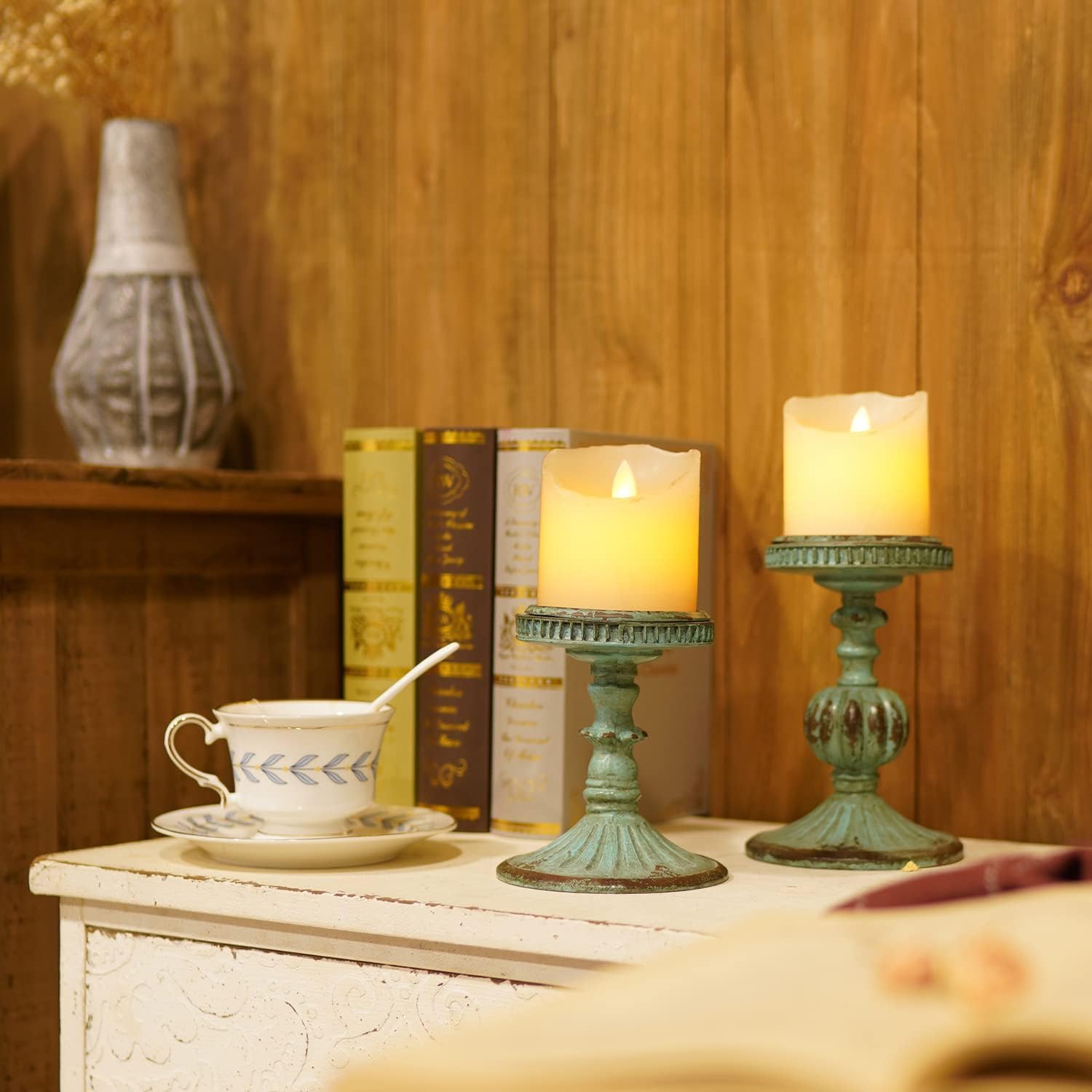 Vintage Mid-Century Blue Pillar Candle — Set of 2 - View 2