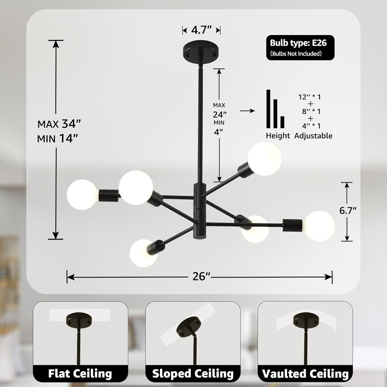 Adjustable Farmhouse Black Chandelier — 6-Light - View 3