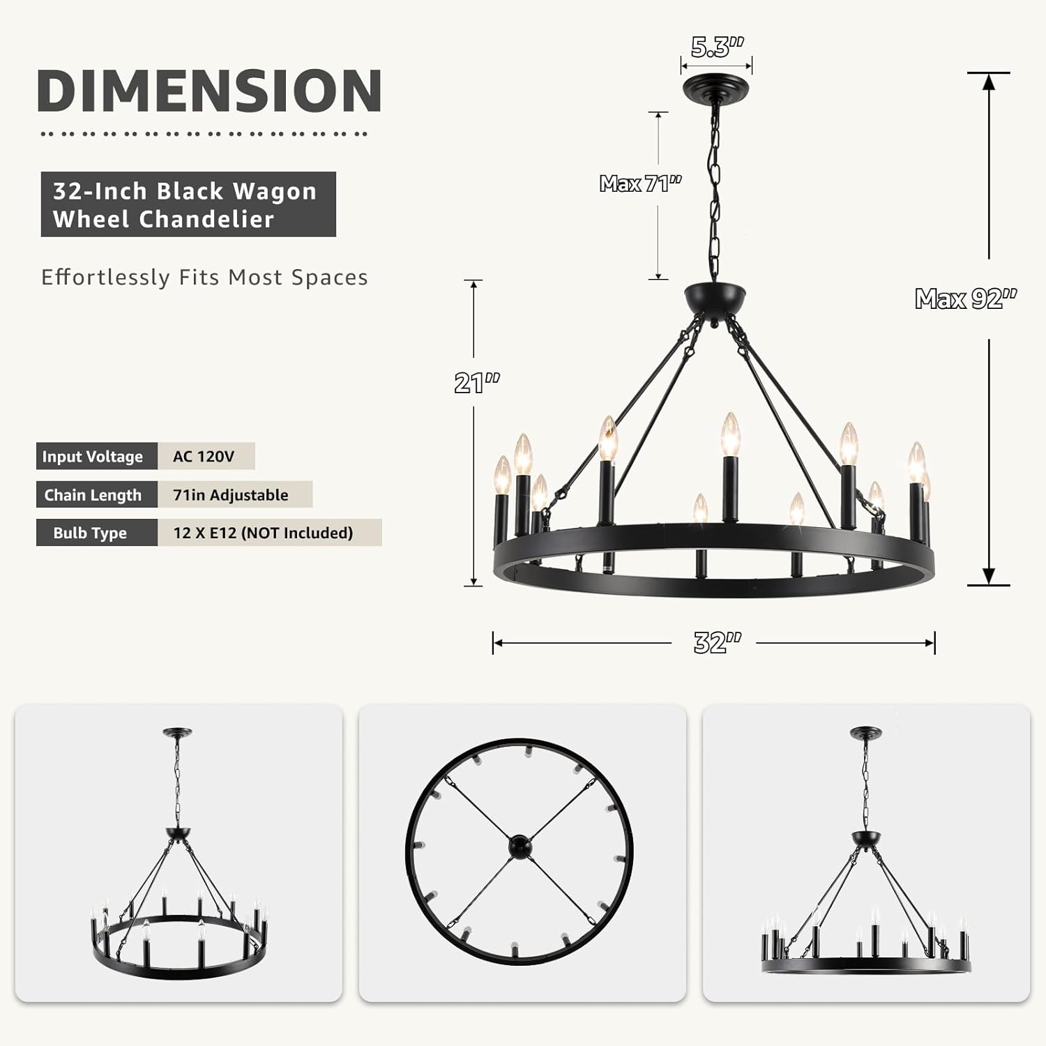 Round Farmhouse Black Chandelier — 12-Light - View 3