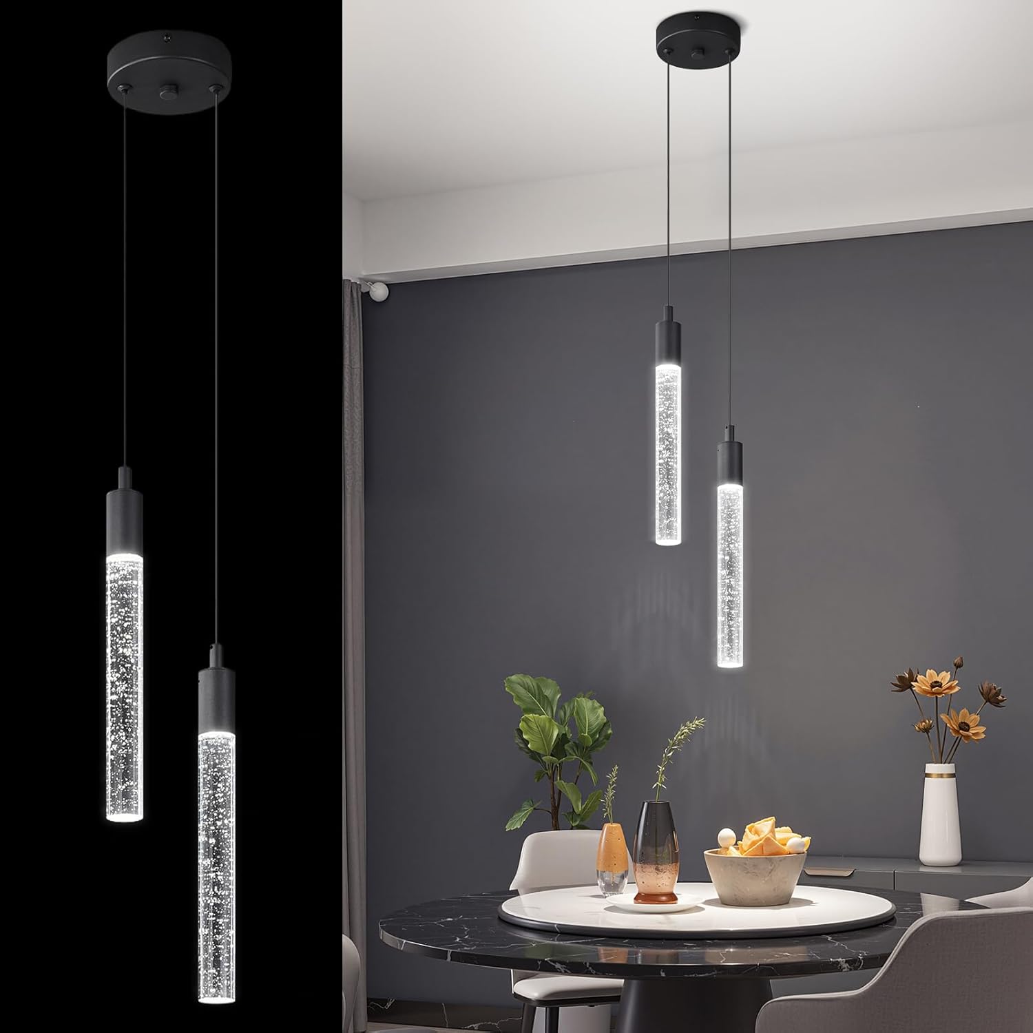 Dimmable Luxe Black Pendant Light — 2-Light — Black