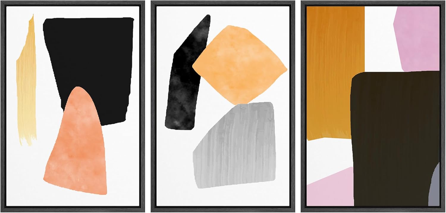 Modern Framed Wall Art — 16" — 24"x36"x3 Panels Black