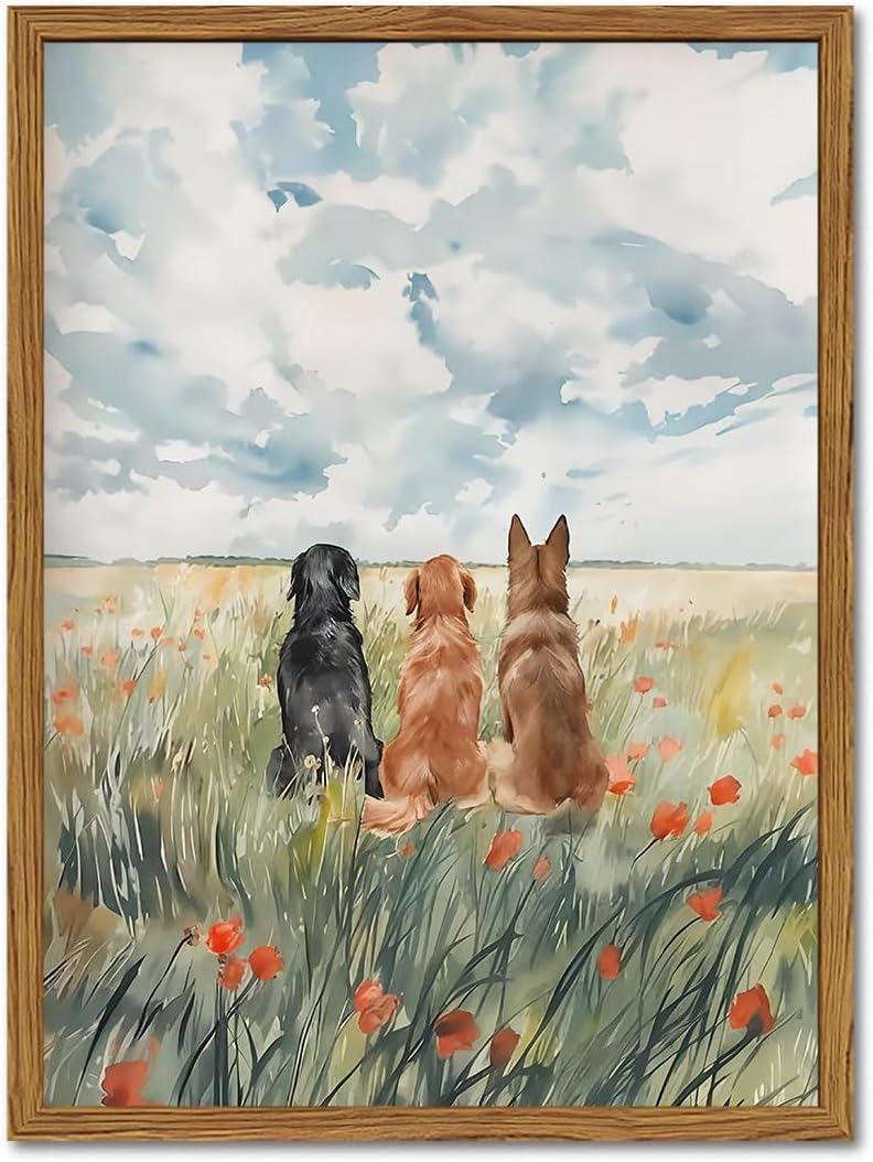 Framed Black Canvas Wall Art — 16" — Three dogs
