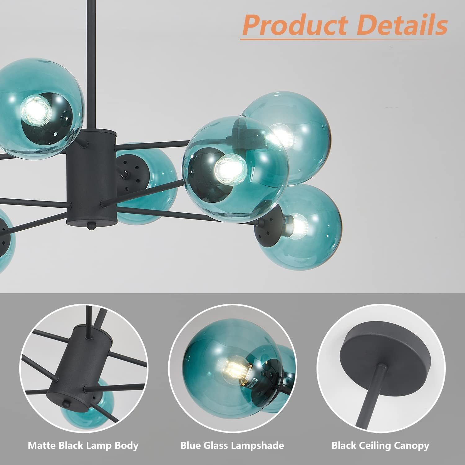Mid-Century Black Chandelier — 8-Light - View 3