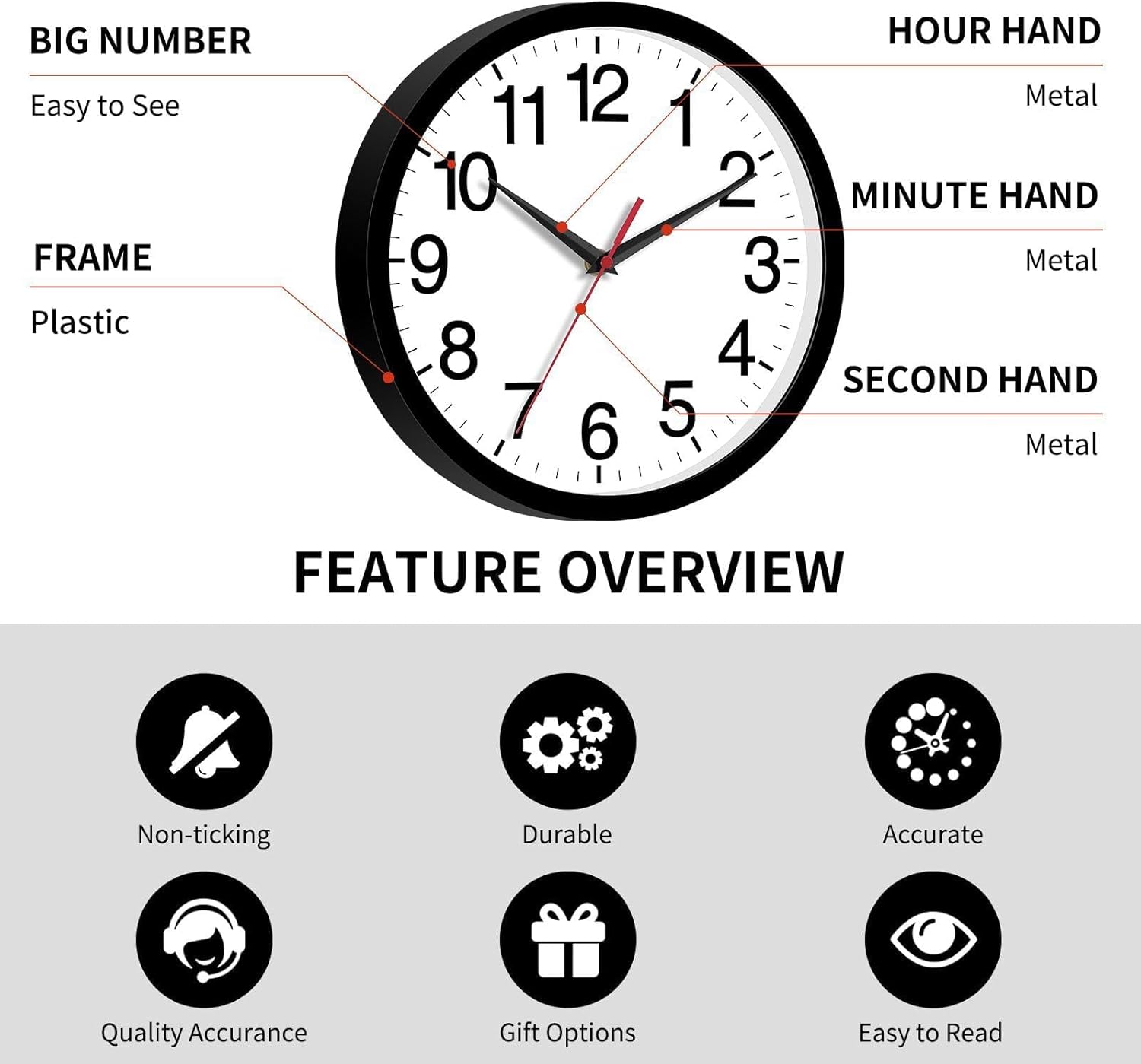 Battery Operated Modern Black Wall Clock — 8" - View 5