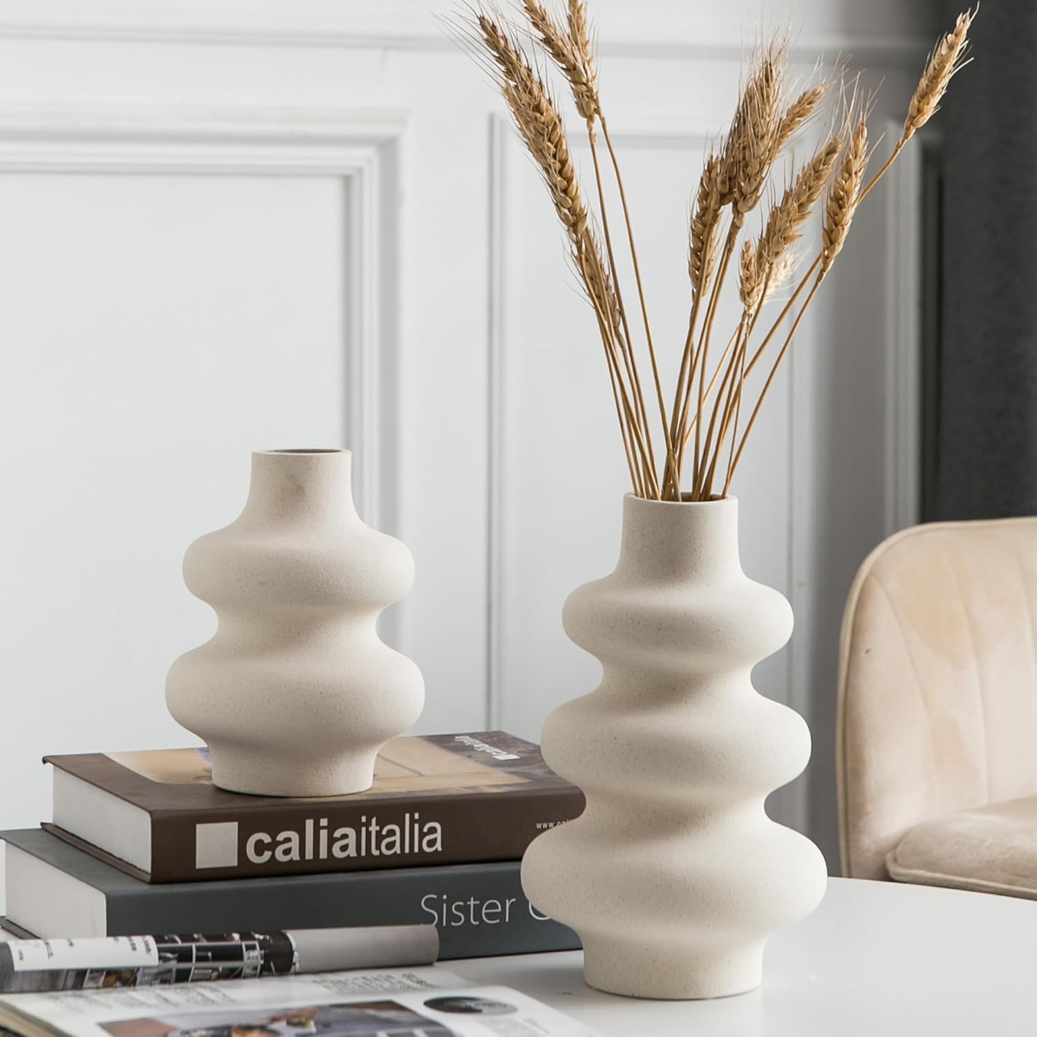 Round Boho Beige Flower Vase — Set of 2
