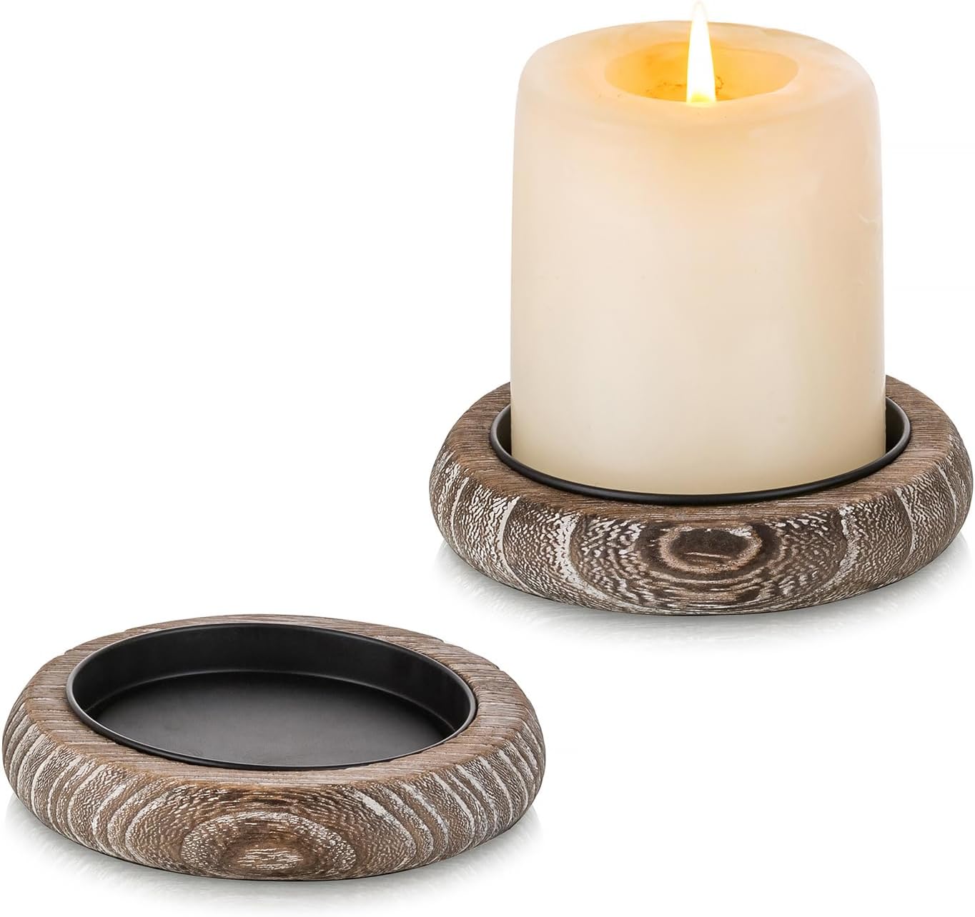 Round Farmhouse Brown Pillar Candle — Set of 2 — Whitewash