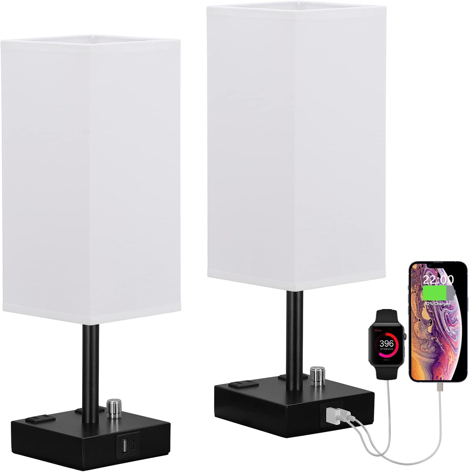 Dimmable Beige Bedside Lamp — Set of 2 — White