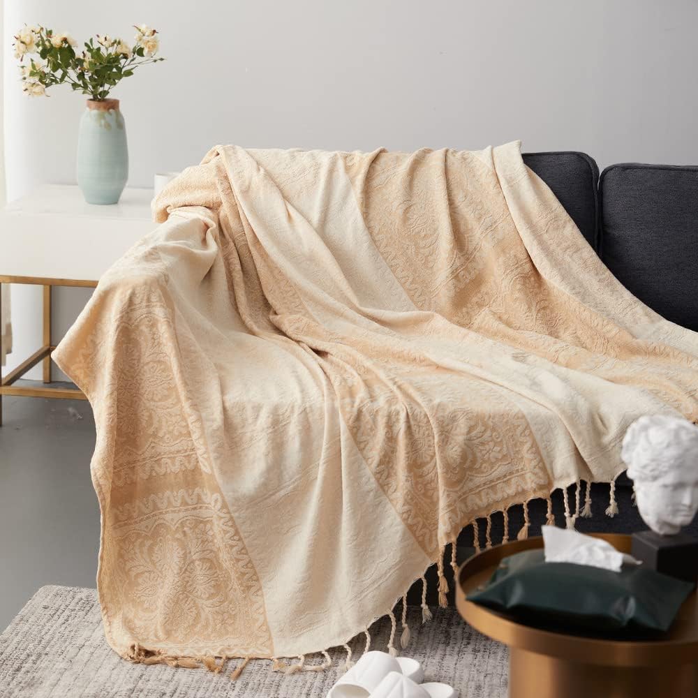 Chenille Boho Beige Throw Pillow — 60" — Tan Cream