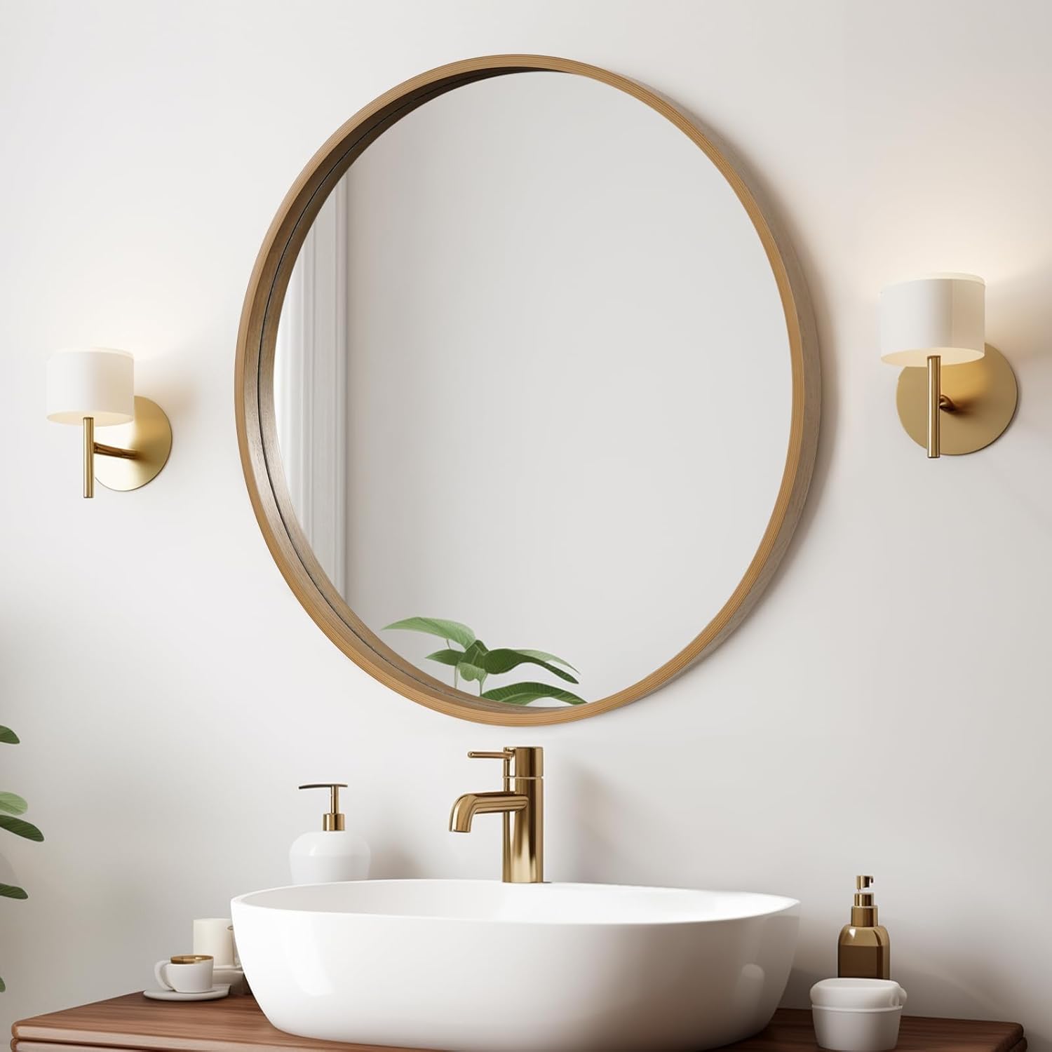 Round Beige Wall Mirror — 24" — Honey