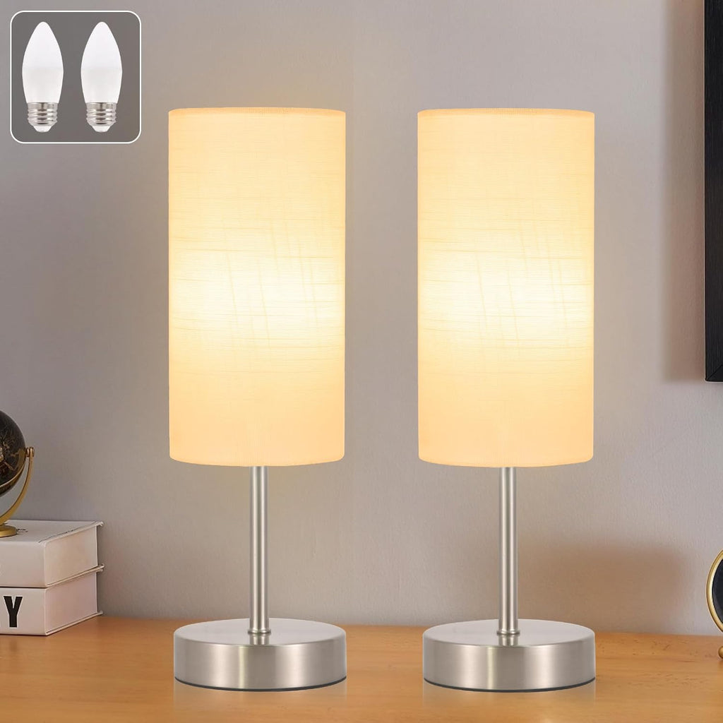Linen Modern Beige Desk Lamp — 2 Pack White-Silver