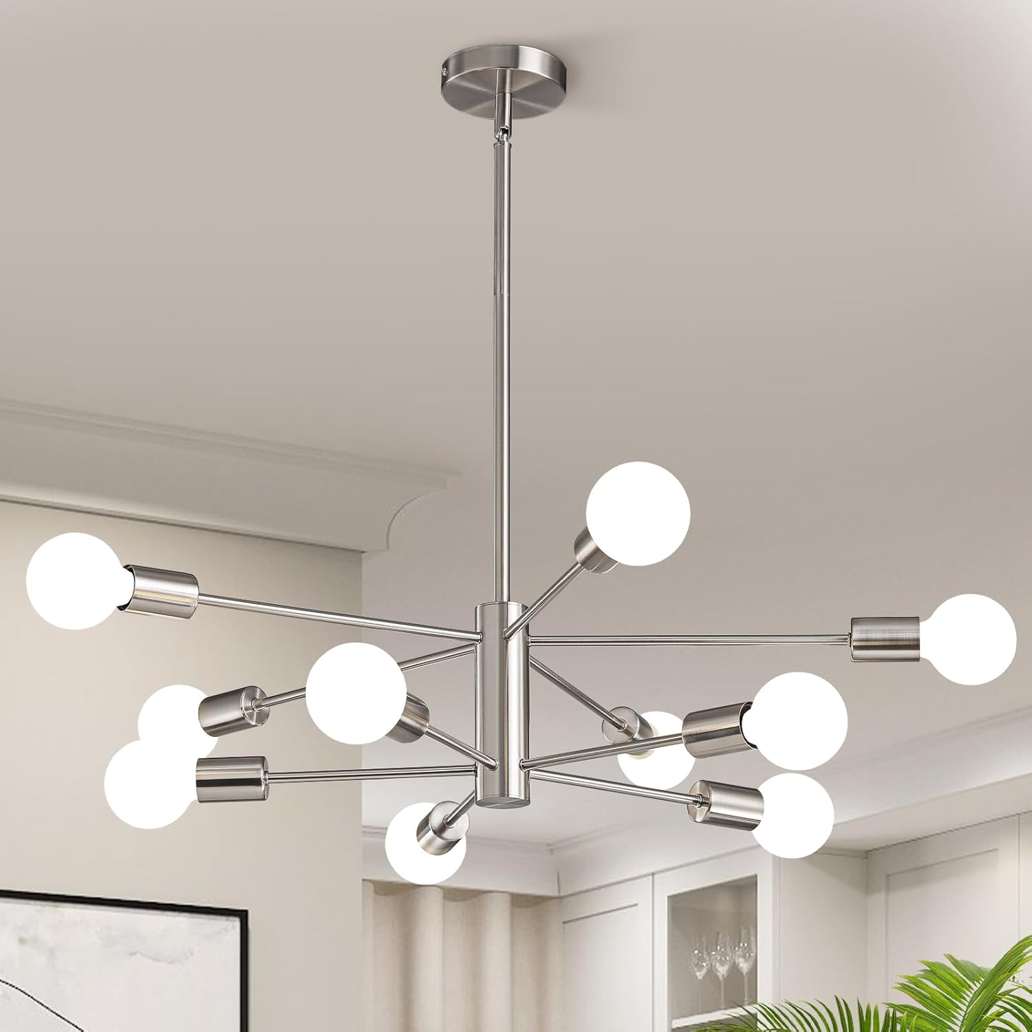 Adjustable Luxe Black Chandelier — 6-Light — Brushed Nickel