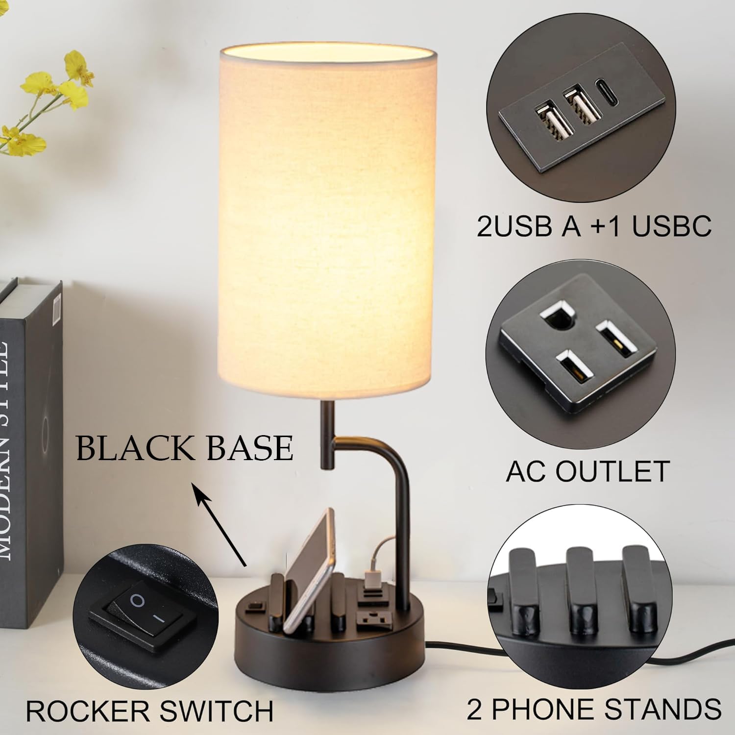 USB Charging Modern Beige Bedside Lamp — Set of 2 - View 2