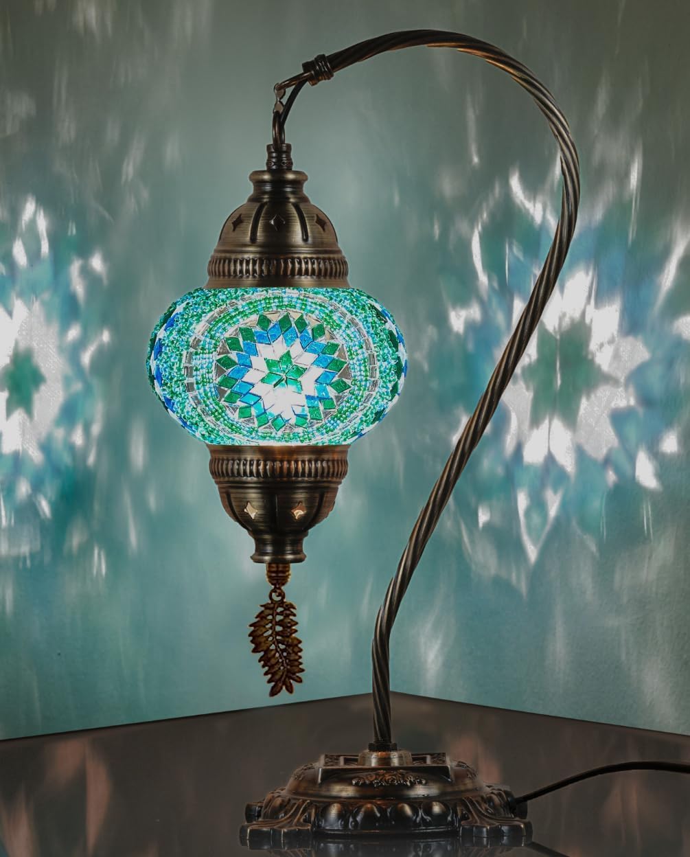 Handcrafted Boho Black Table Lamp — 15" — Turquoise-Blue-Green
