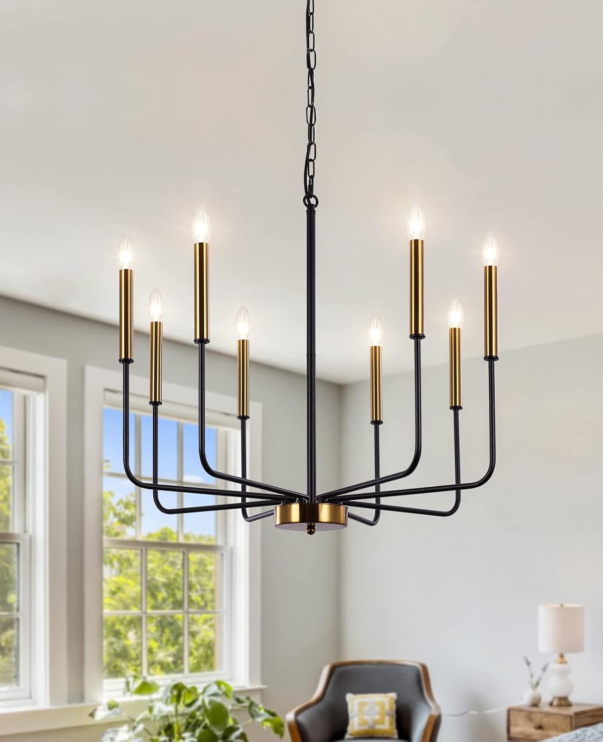 Farmhouse Black Chandelier — 8 Lights-Black&Gold-E12